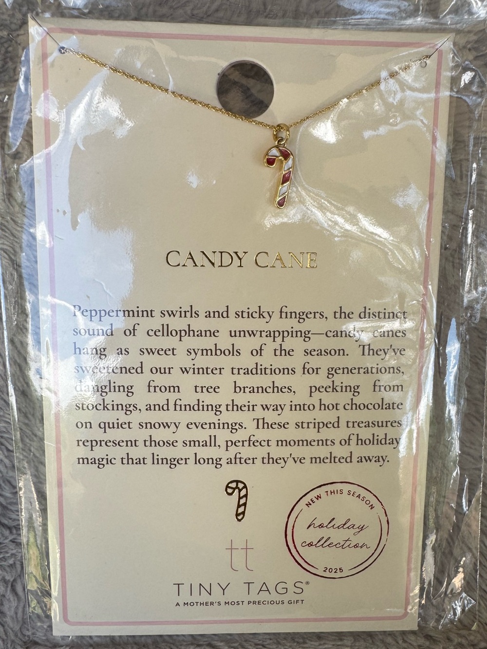 Tiny Tags 14k Gold Ion Plated Candy Cane Charm Necklace
